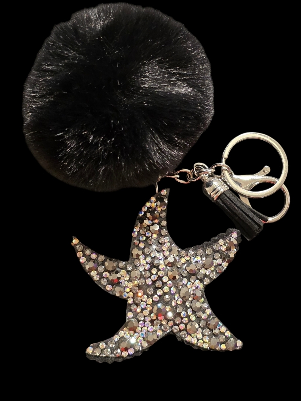 Black and Silver Starfish Bag Charm Keychain with Pom Pom